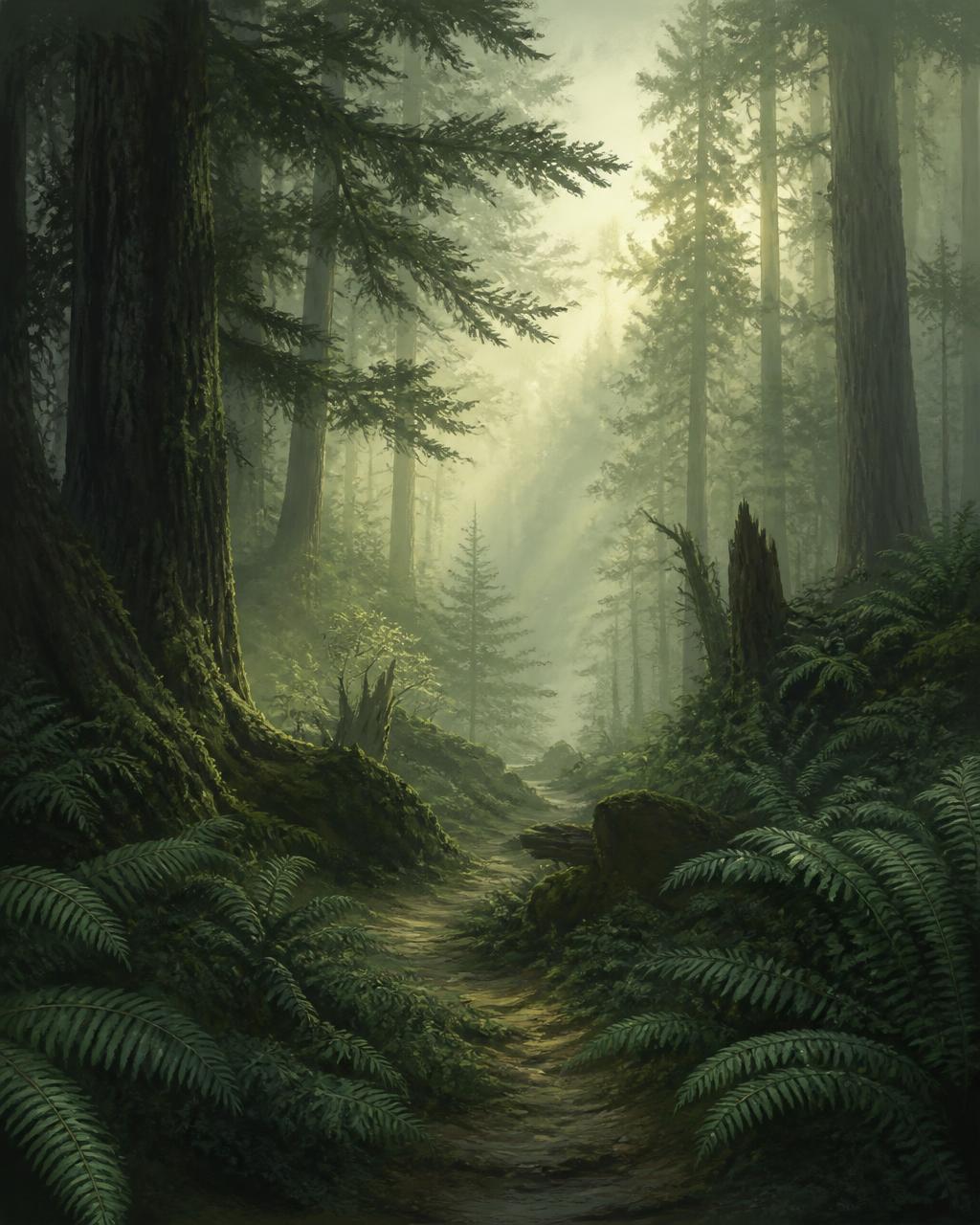 A misty forest path leading into pale light between tall pines